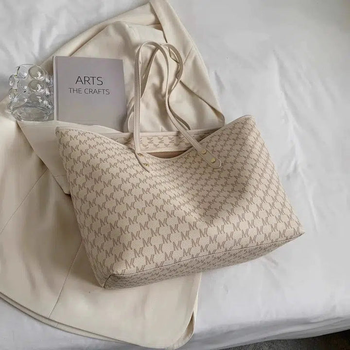 Leather Trim Letter Patterned Tote Bag