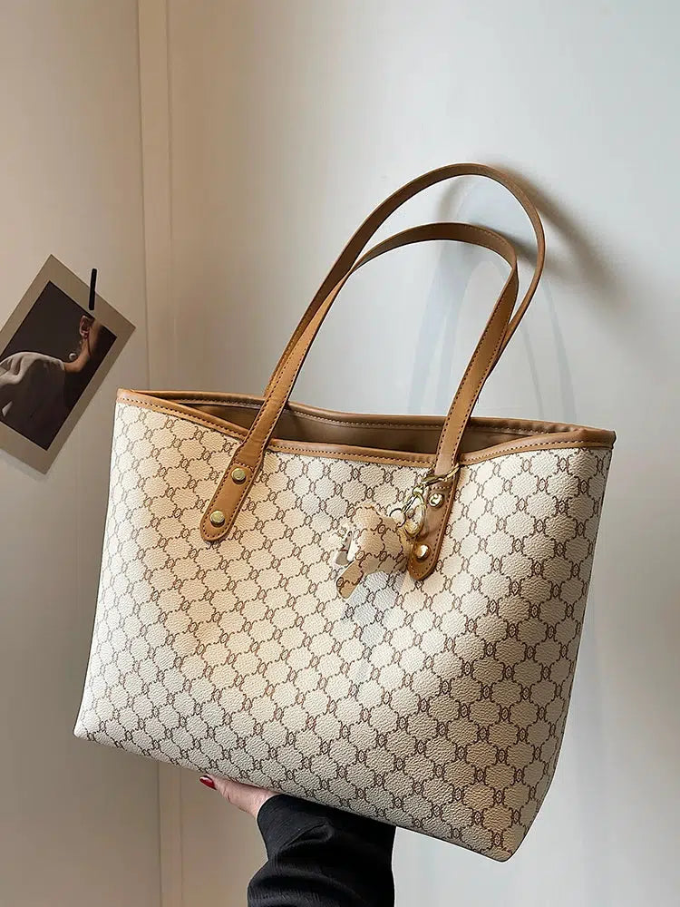 Leather Trim Patterned Canvas Tote Bag