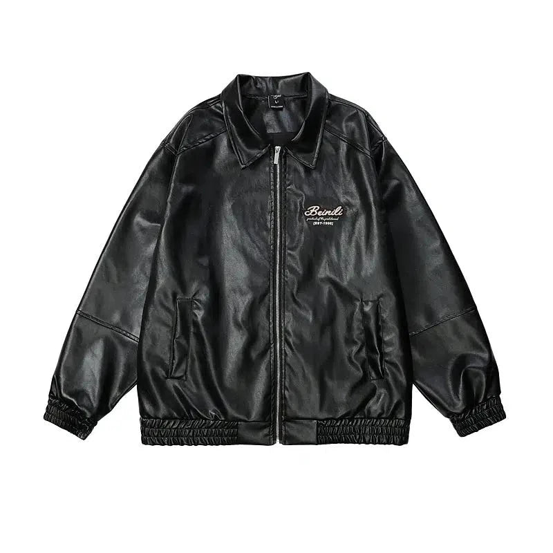 Letter Embroidered PU Leather Jacket