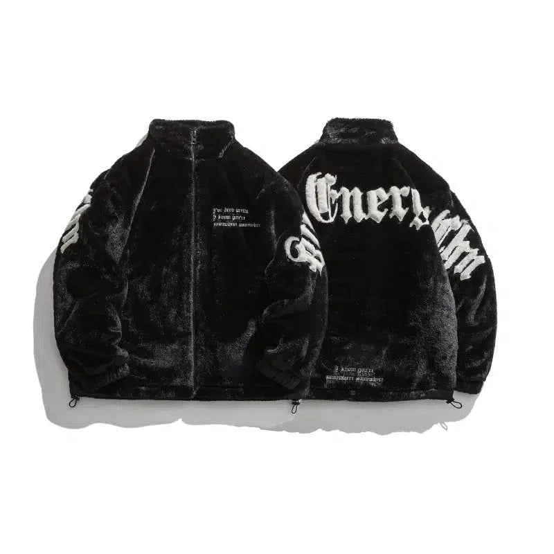 Letter Embroidery Plush Stand Collar Jacket