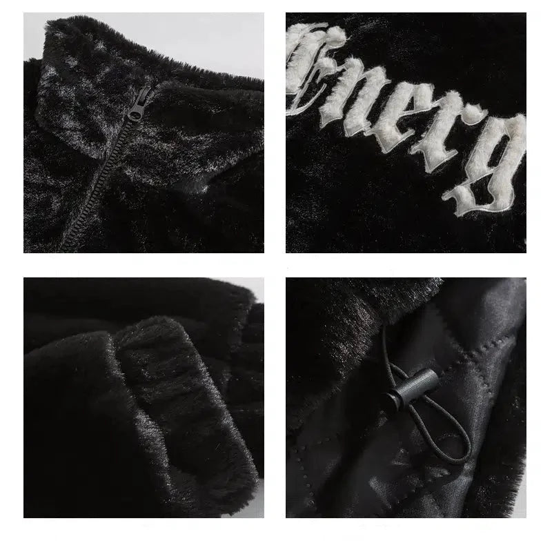 Letter Embroidery Plush Stand Collar Jacket