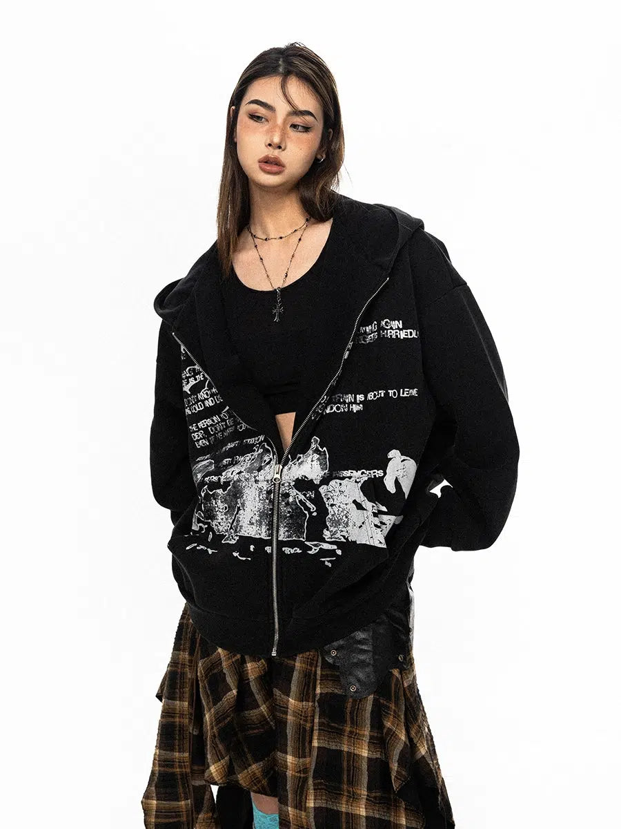 Letter Hooded Sweatshirt Washed Jacket