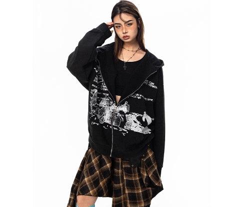 Letter Hooded Sweatshirt Washed Jacket