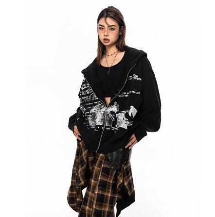 Letter Hooded Sweatshirt Washed Jacket