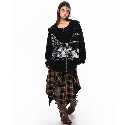 Letter Hooded Sweatshirt Washed Jacket