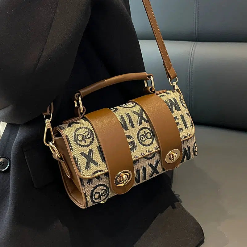 Letter Print Metal Buckle Satchel Handbag