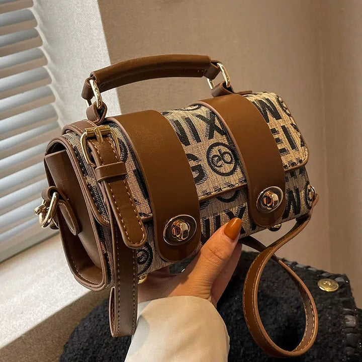 Letter Print Metal Buckle Satchel Handbag