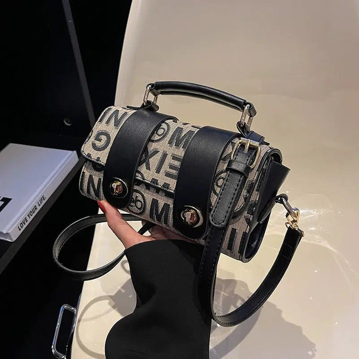 Letter Print Metal Buckle Satchel Handbag