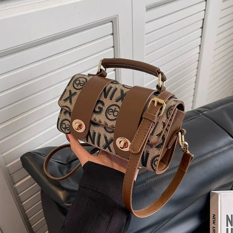 Letter Print Metal Buckle Satchel Handbag