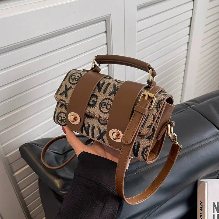 Letter Print Metal Buckle Satchel Handbag