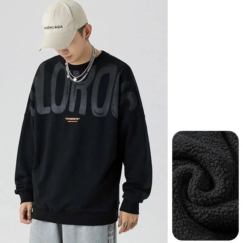 Letter Print Round Neck Fleece Pullover