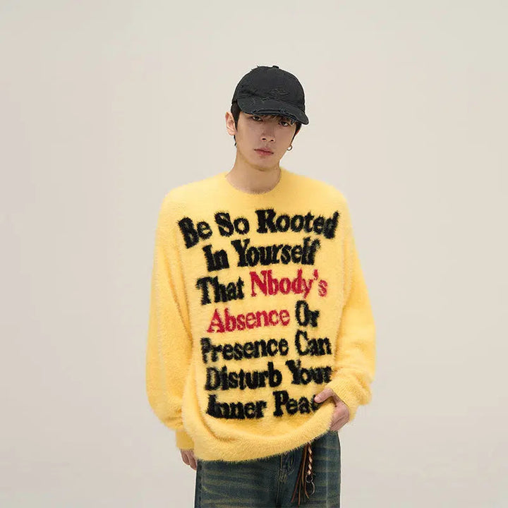 Letter Printed Round Neck Mink Fur Sweater