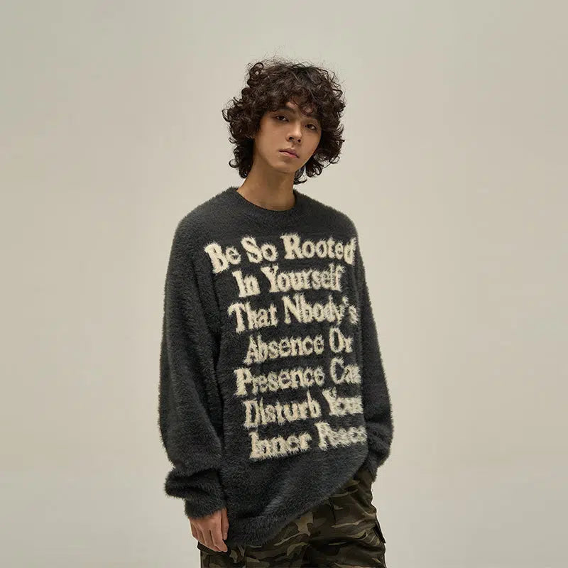 Letter Printed Round Neck Mink Fur Sweater