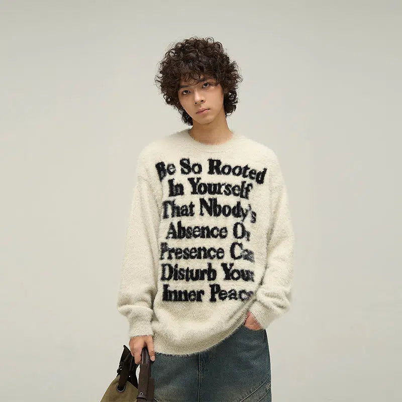 Letter Printed Round Neck Mink Fur Sweater