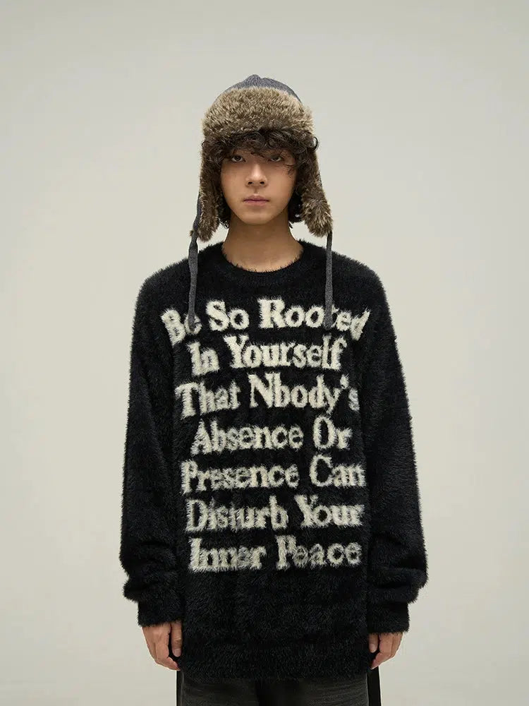 Letter Printed Round Neck Mink Fur Sweater
