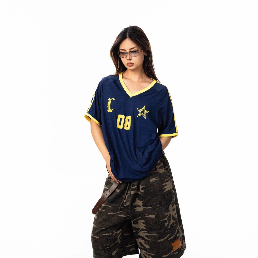 Letter Printed V-neck Sports T-shirt