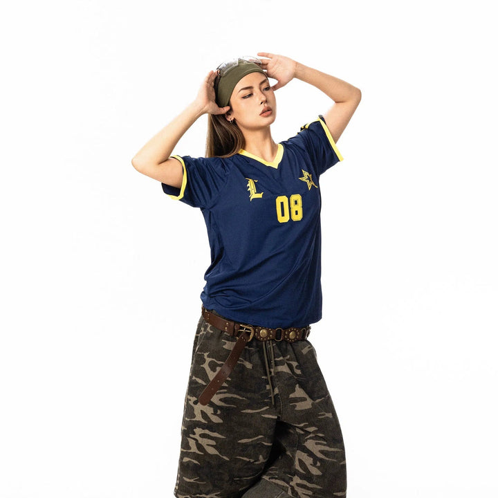 Letter Printed V-neck Sports T-shirt