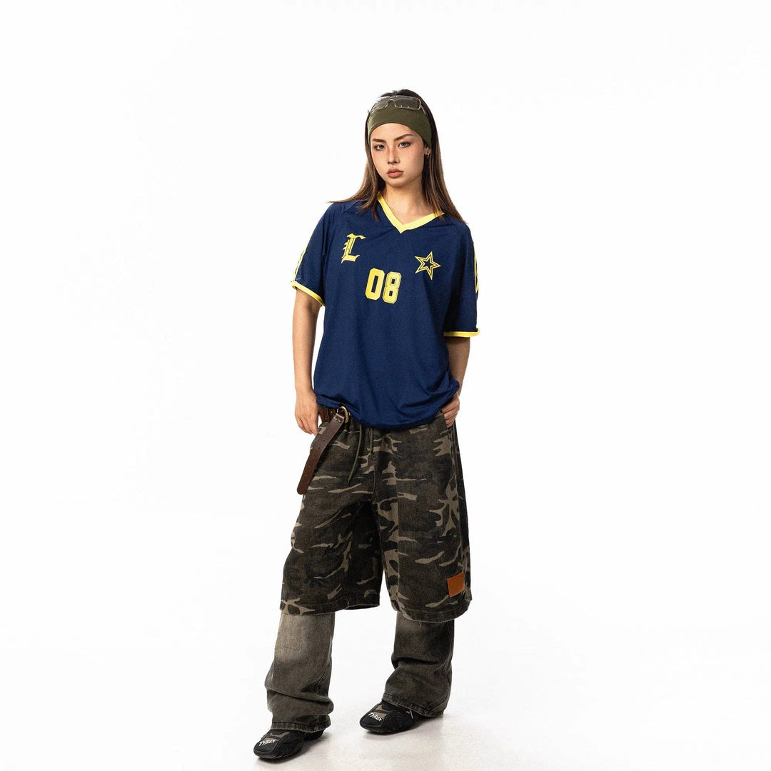 Letter Printed V-neck Sports T-shirt