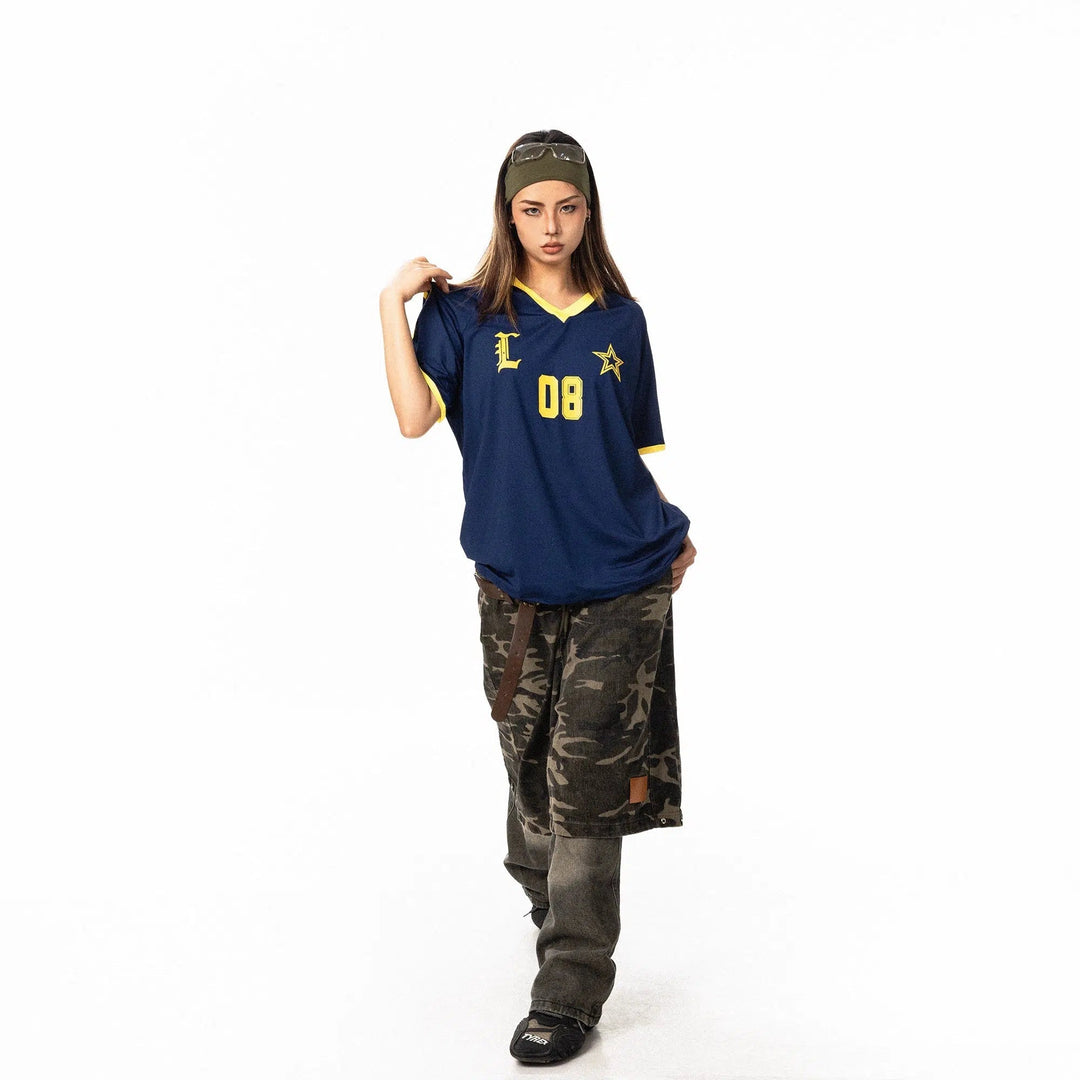 Letter Printed V-neck Sports T-shirt