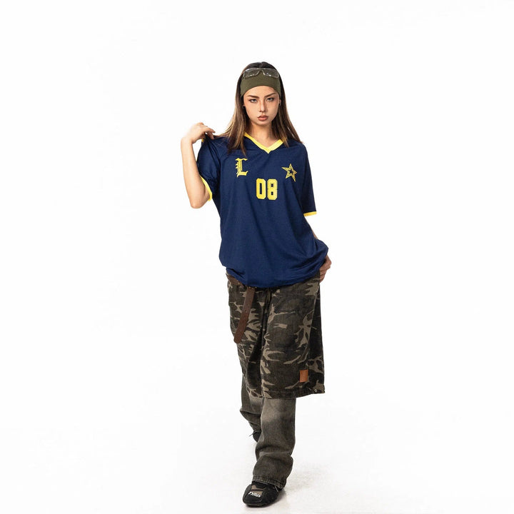 Letter Printed V-neck Sports T-shirt