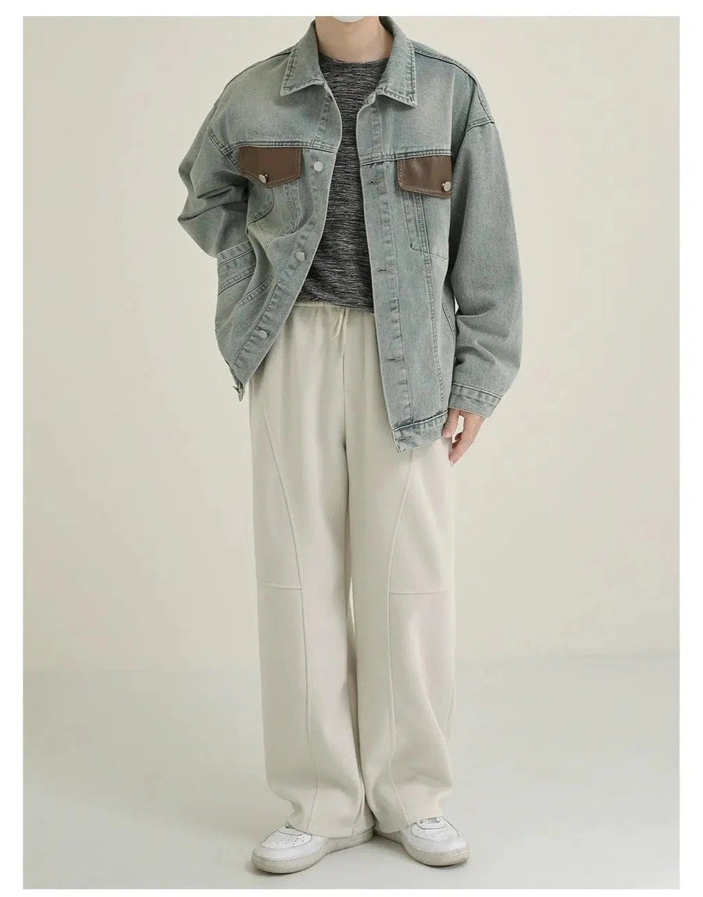 Light Blue Leather Lapel Denim Jacket