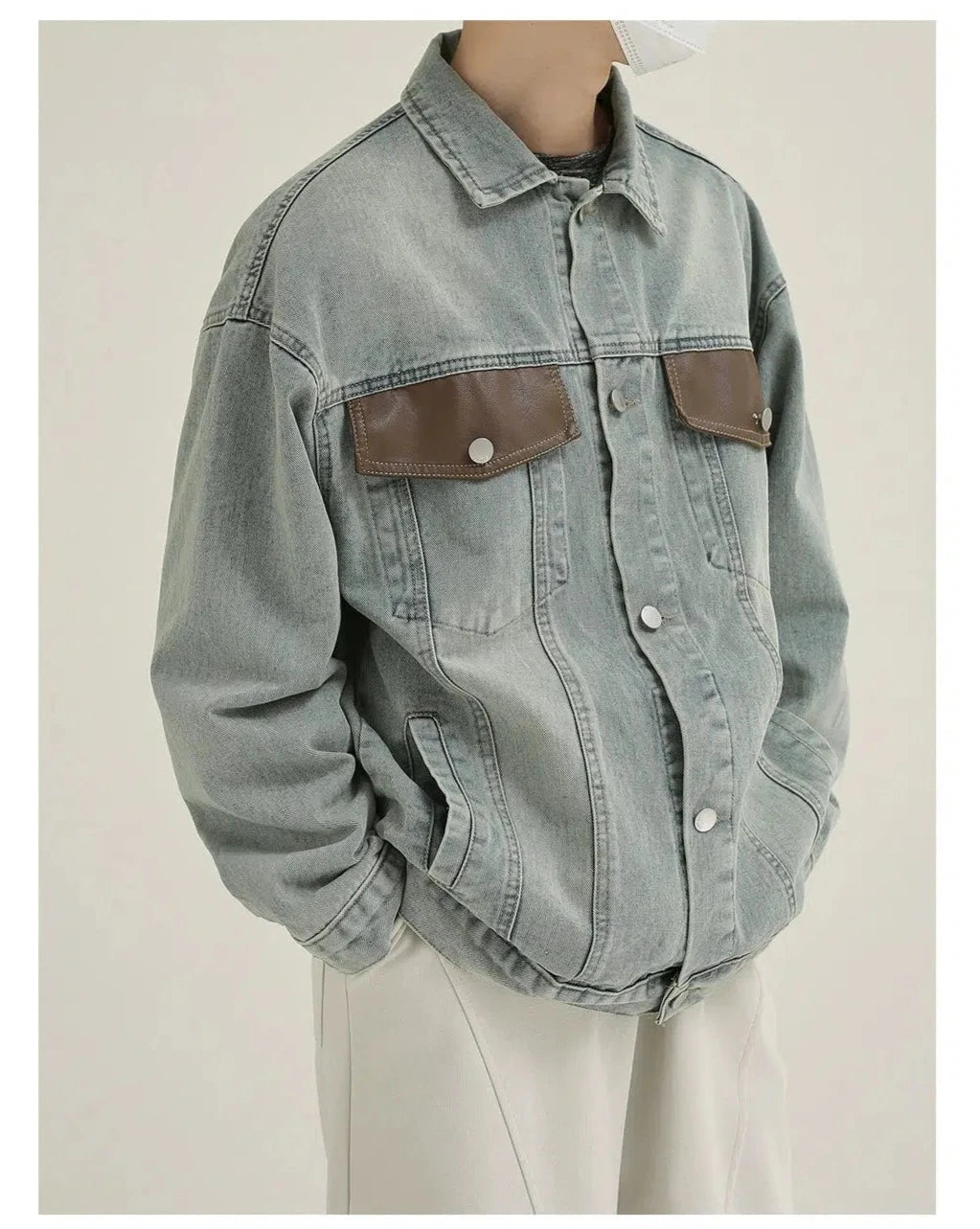 Light Blue Leather Lapel Denim Jacket