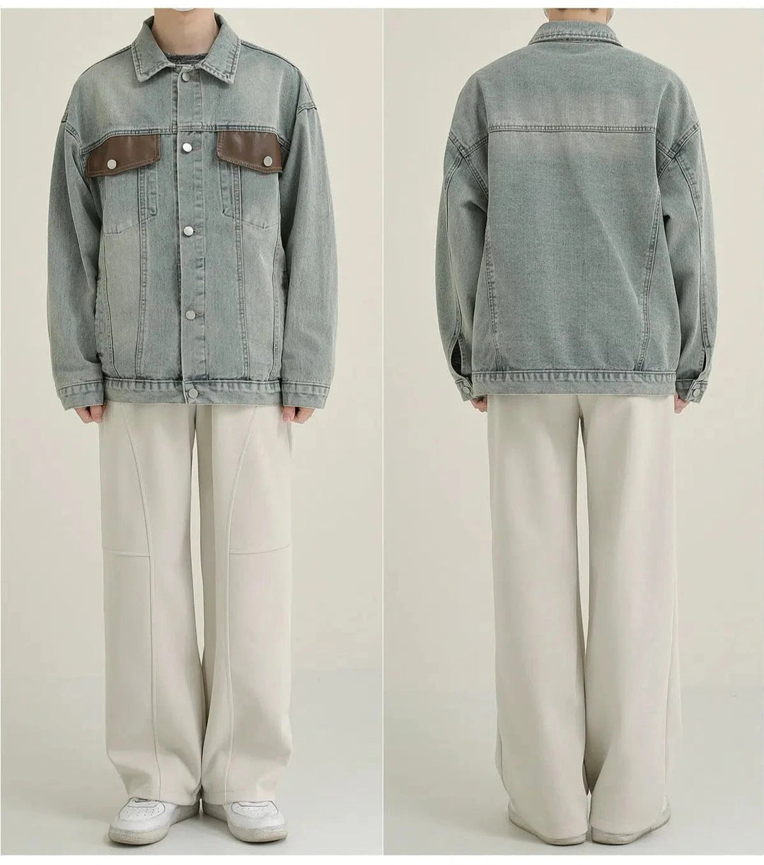 Light Blue Leather Lapel Denim Jacket