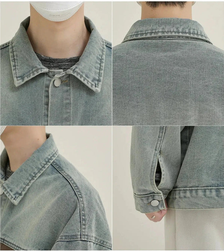 Light Blue Leather Lapel Denim Jacket