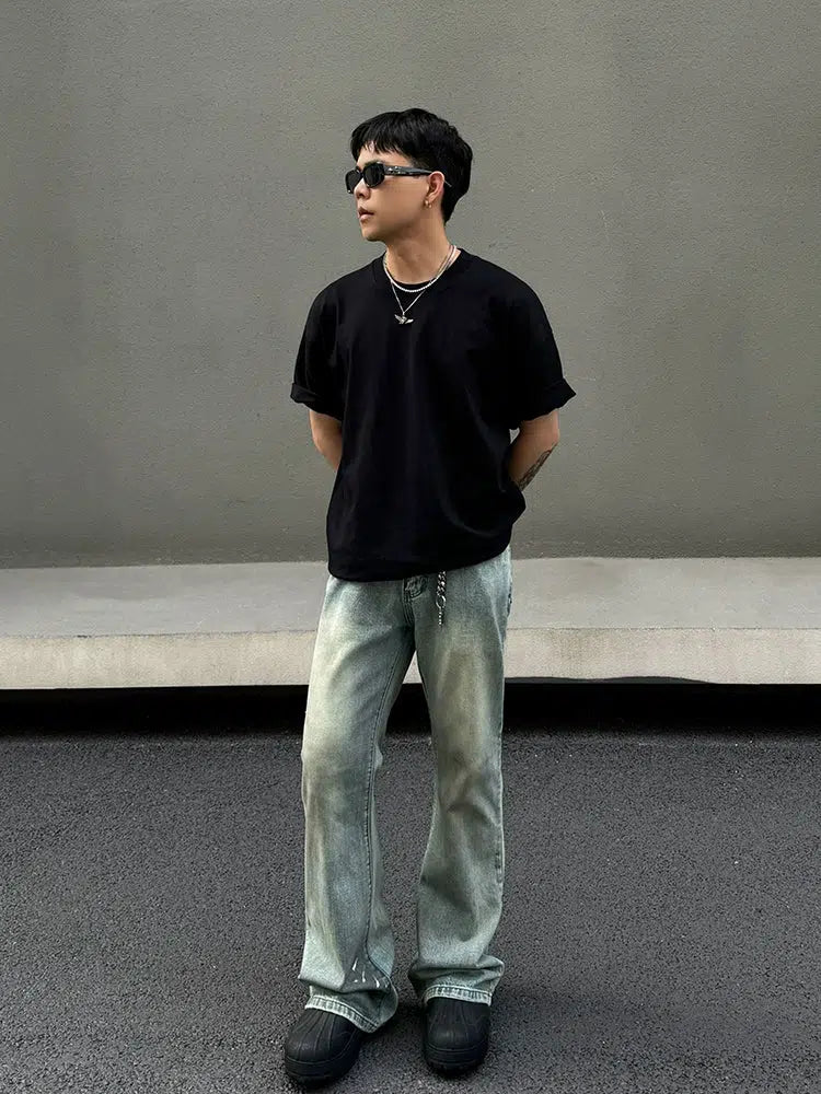 Light Blue Splash-ink Straight-leg Jeans