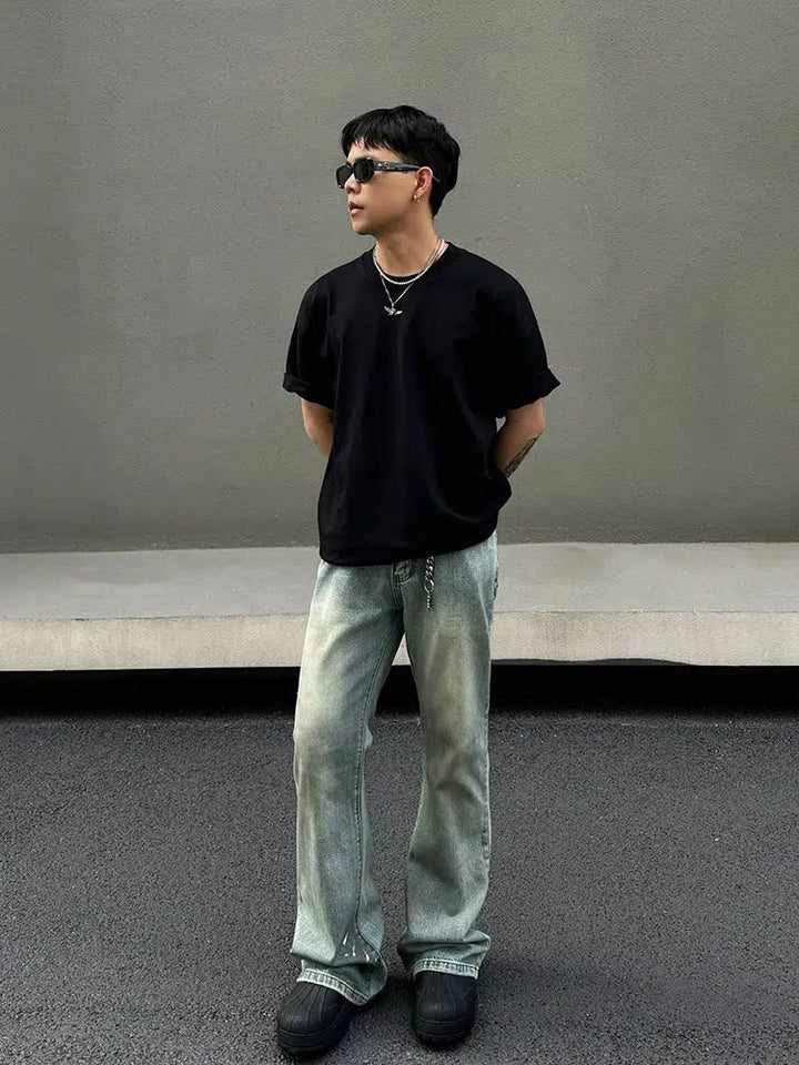 Light Blue Splash-ink Straight-leg Jeans
