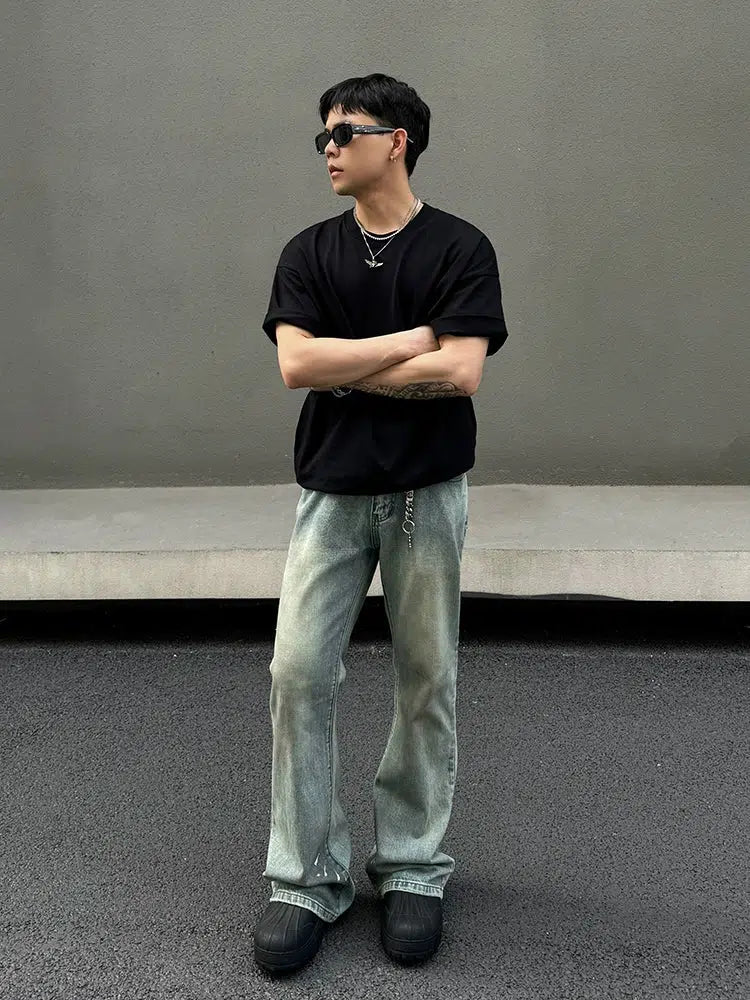 Light Blue Splash-ink Straight-leg Jeans