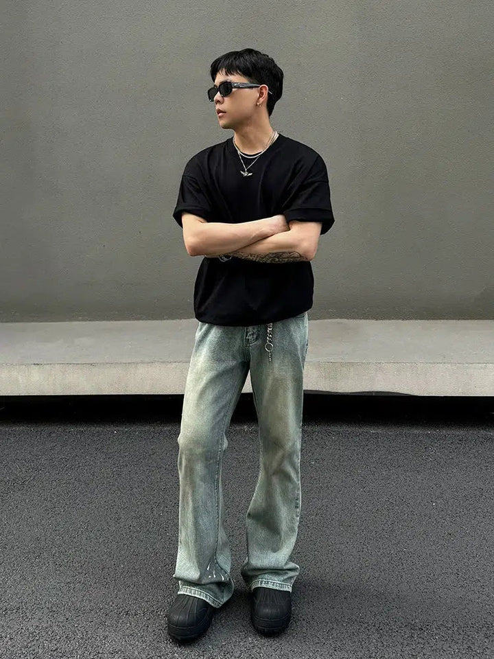 Light Blue Splash-ink Straight-leg Jeans