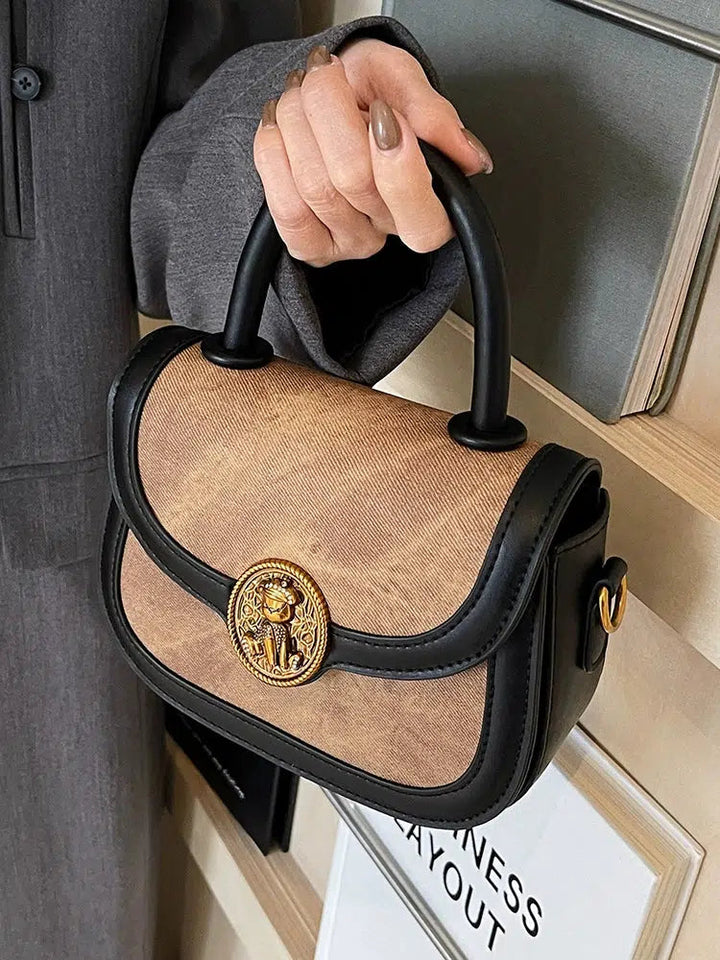 Lion Emblem Leather Crossbody Handbag
