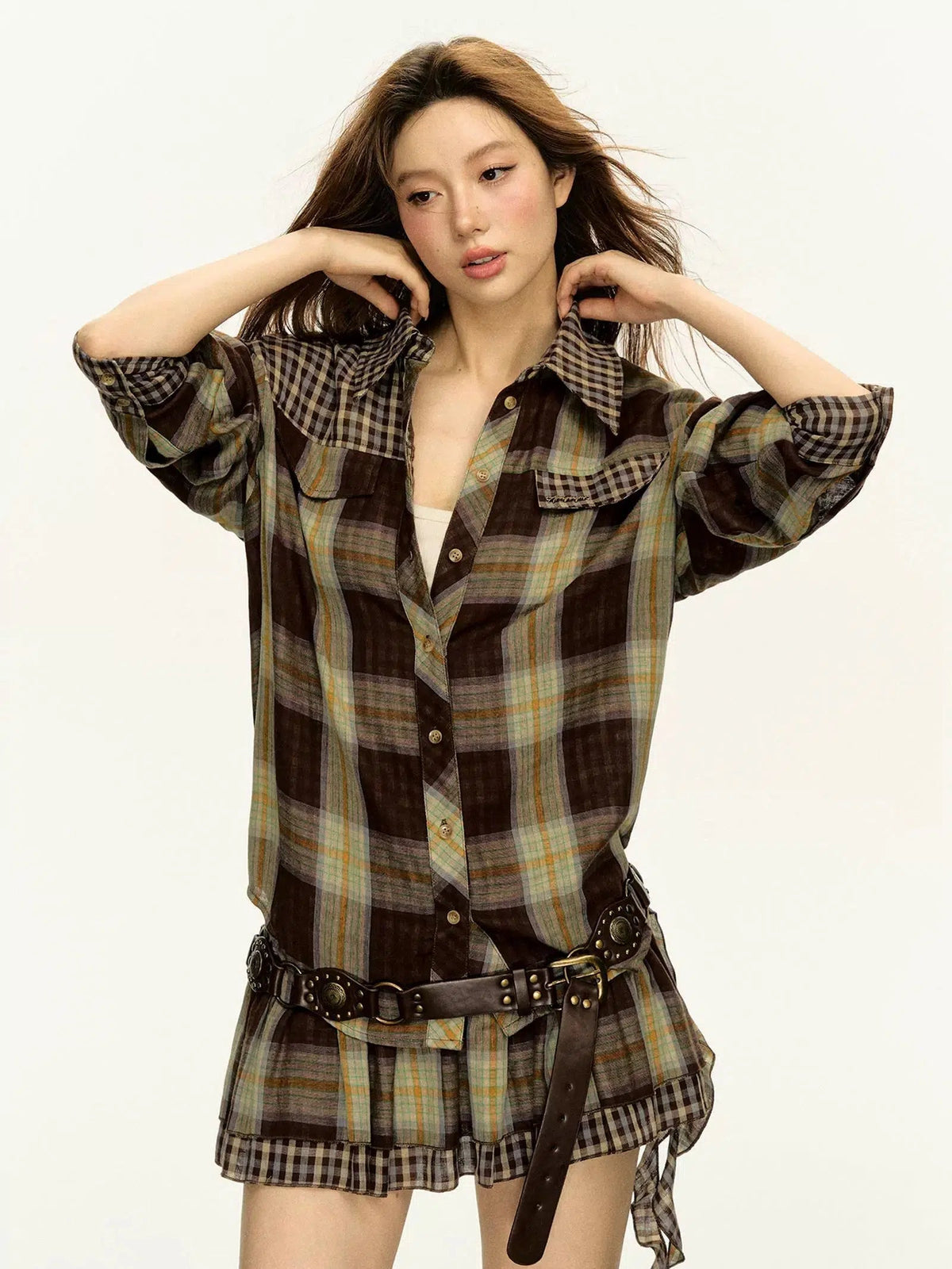 Long Sleeve Plaid Shirt Skirt Suit