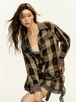 Long Sleeve Plaid Shirt Skirt Suit