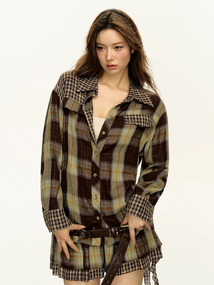 Long Sleeve Plaid Shirt Skirt Suit