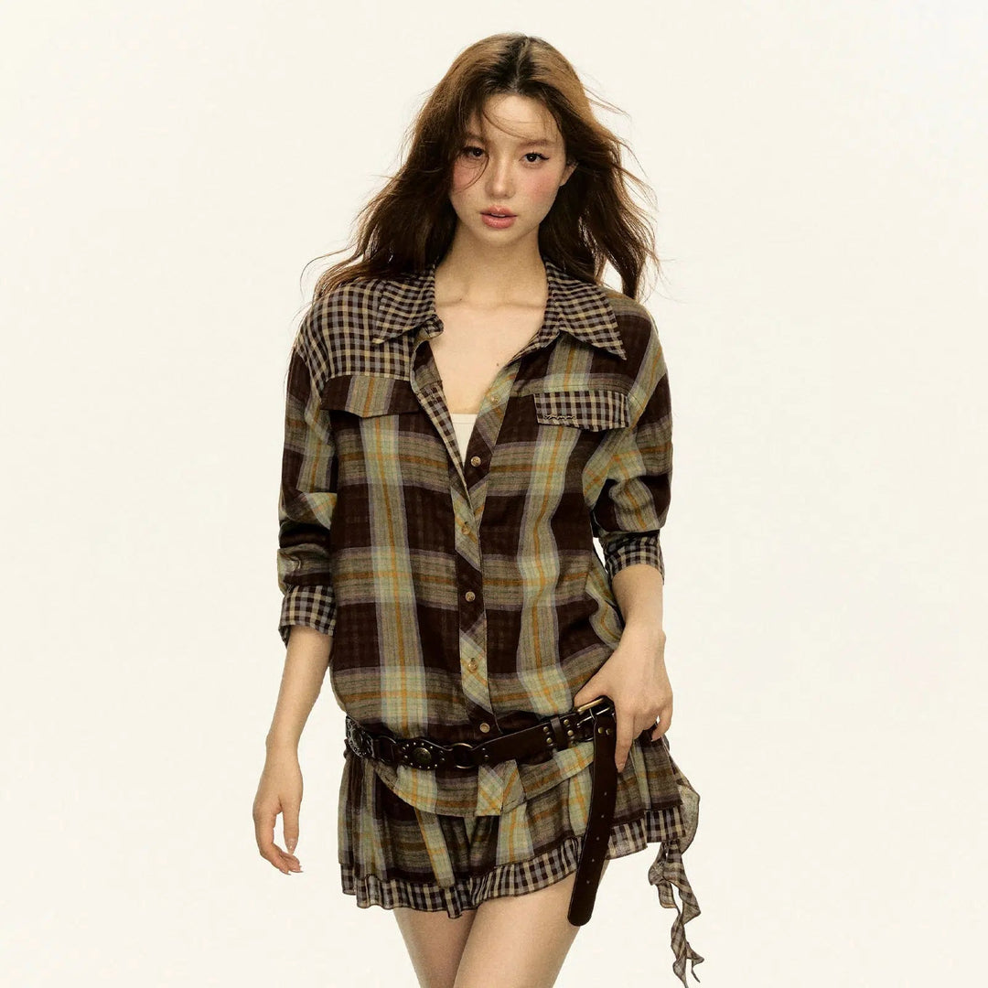 Long Sleeve Plaid Shirt Skirt Suit