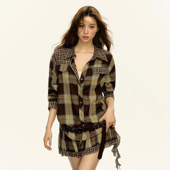 Long Sleeve Plaid Shirt Skirt Suit