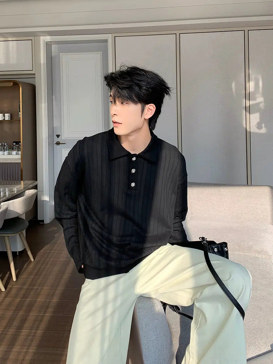 Long Sleeve Ribbed Knit Polo Shirt