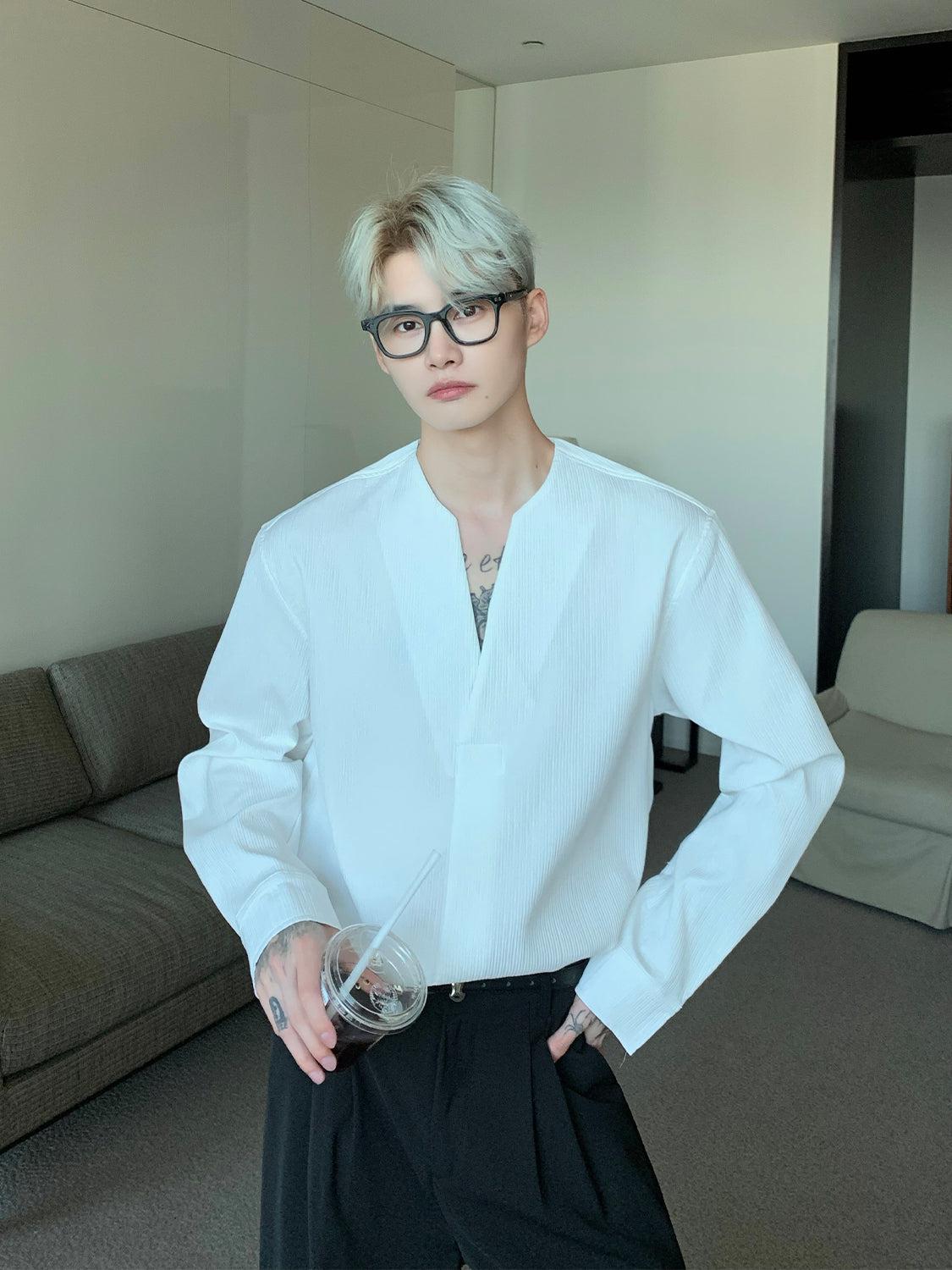 Long Sleeve V Neck Pleated Shirt