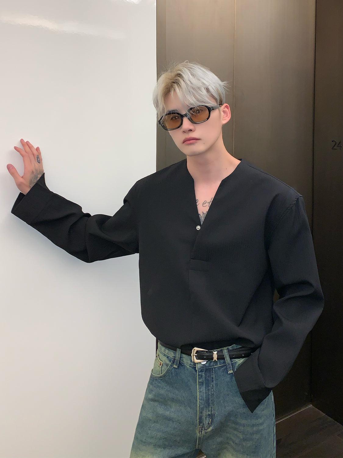 Long Sleeve V Neck Pleated Shirt