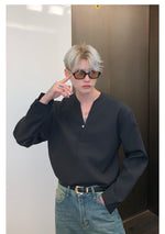 Long Sleeve V Neck Pleated Shirt