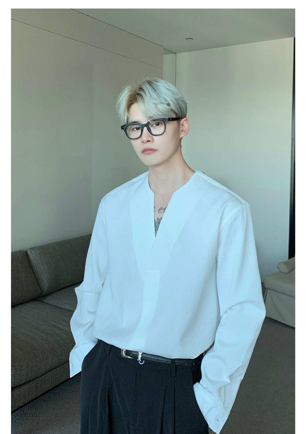 Long Sleeve V Neck Pleated Shirt