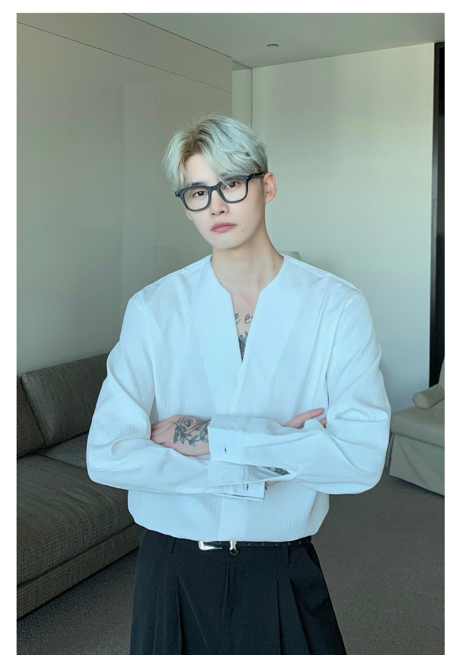 Long Sleeve V Neck Pleated Shirt