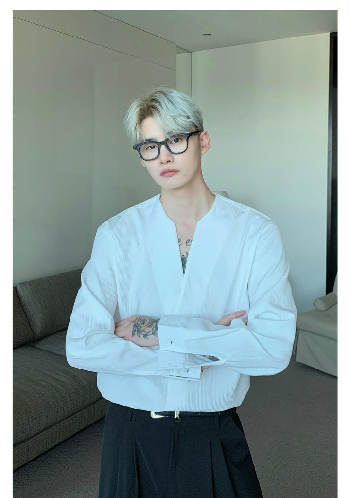 Long Sleeve V Neck Pleated Shirt