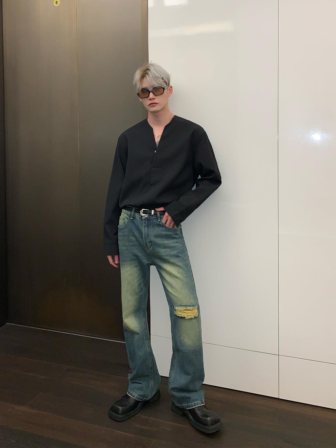 Long Sleeve V Neck Pleated Shirt