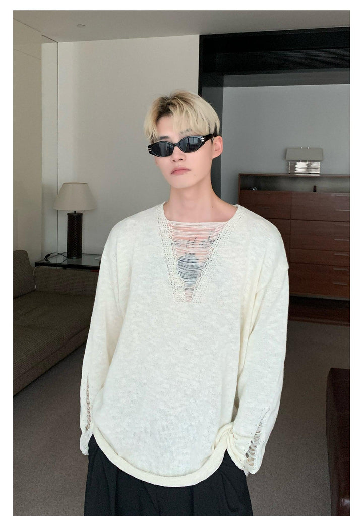 Long Sleeved Hollow V-neck Shirt
