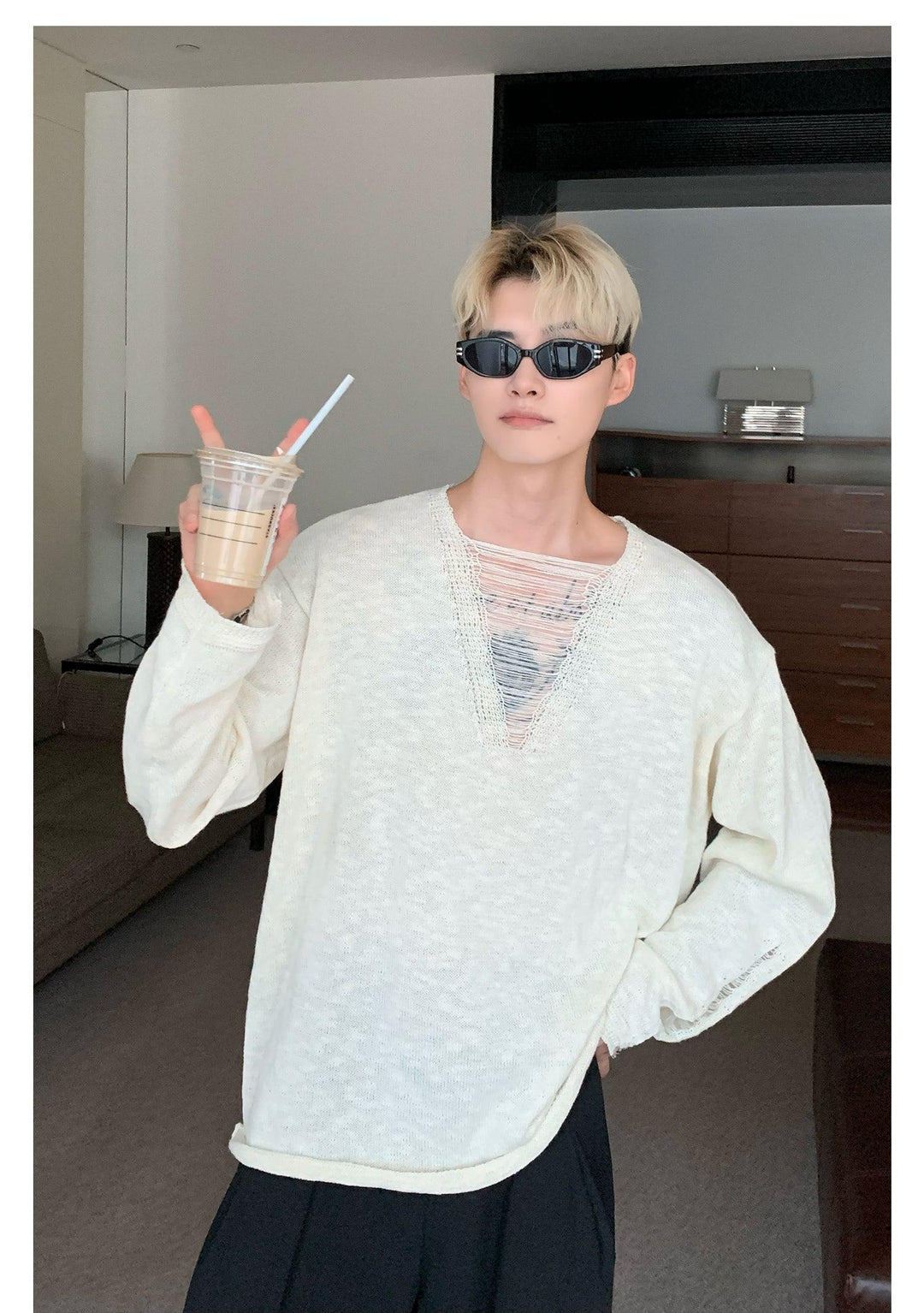 Long Sleeved Hollow V-neck Shirt
