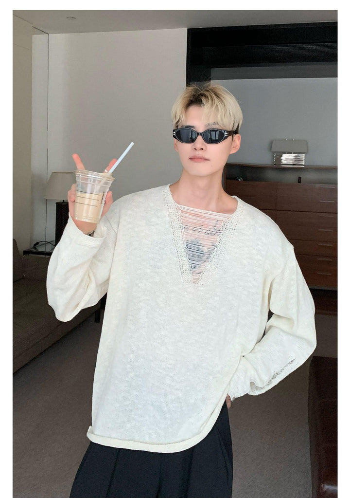 Long Sleeved Hollow V-neck Shirt