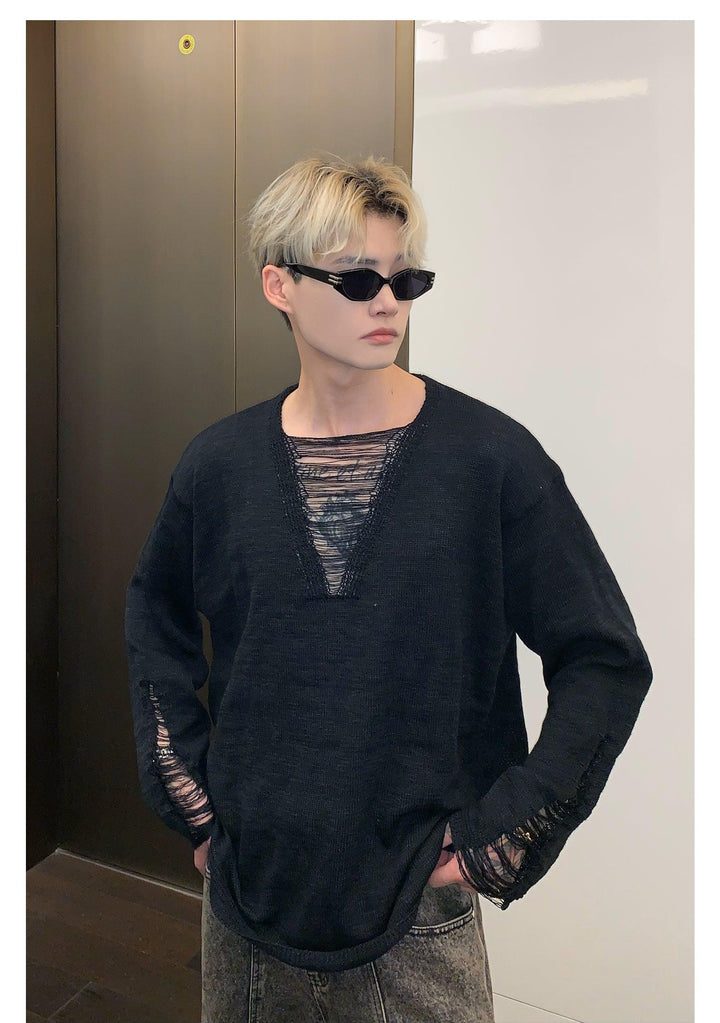 Long Sleeved Hollow V-neck Shirt